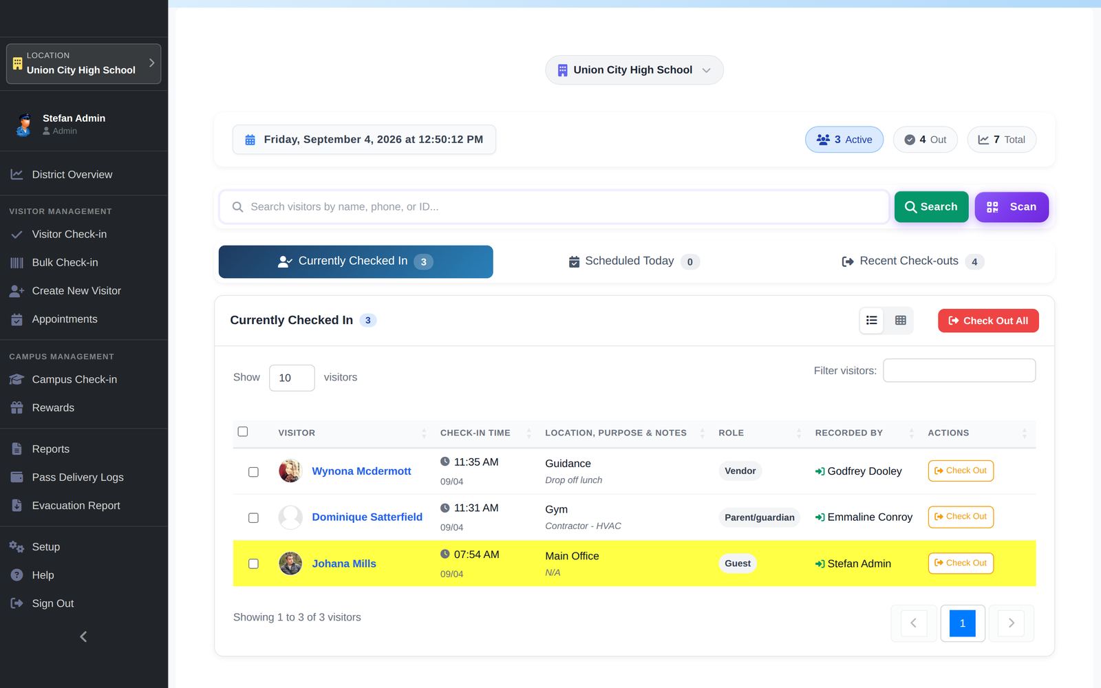 EduQueue visitor check-in screen: building name, today's date, counts of active and checked-out visitors, a search box with Search and Scan buttons, and the Currently Checked In table listing three visitors with photo, check-in time, location, role and a Check Out button each.